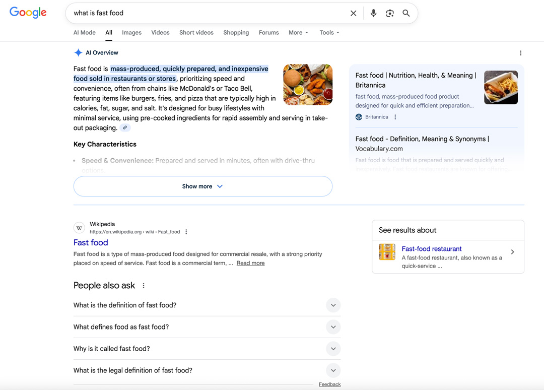 informational search example, screenshot of Google search result for "what is fast food"