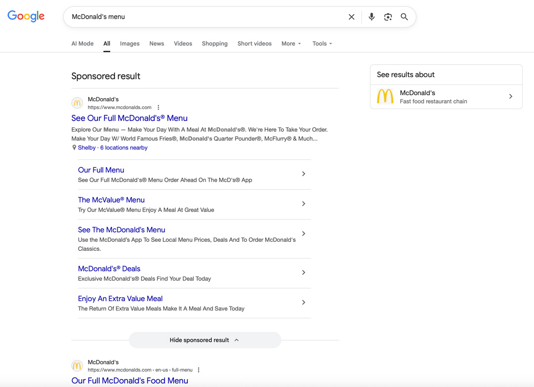 navigational search example, screenshot of Google search result for "mcdonalds menu"