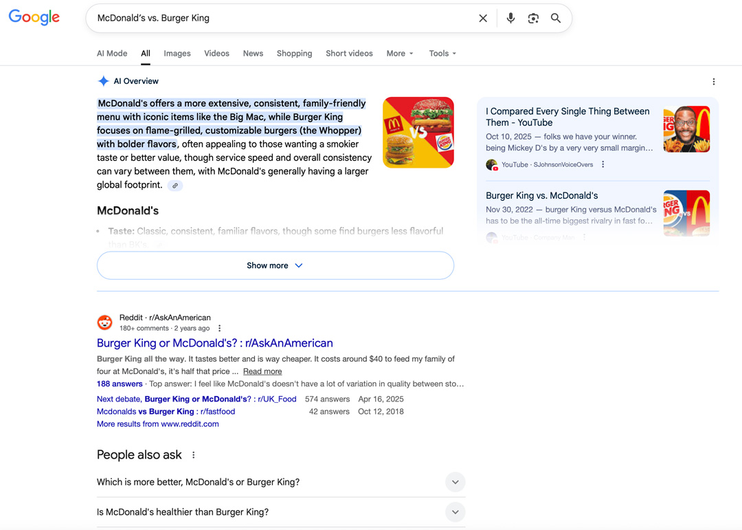 commercial search example, screenshot of Google search result for "mcdonalds vs burger king"