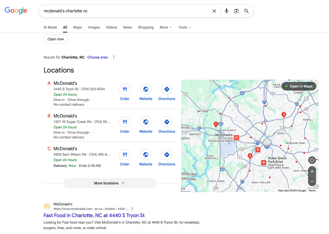 commercial search example, screenshot of Google search result for "mcdonalds charlotte nc"